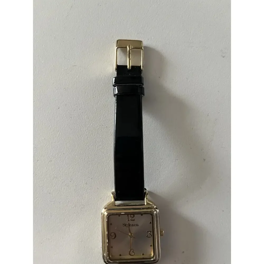 Style & Co Women’s Watch Gold Tone Square Case Black Strap Quartz Analog Classic